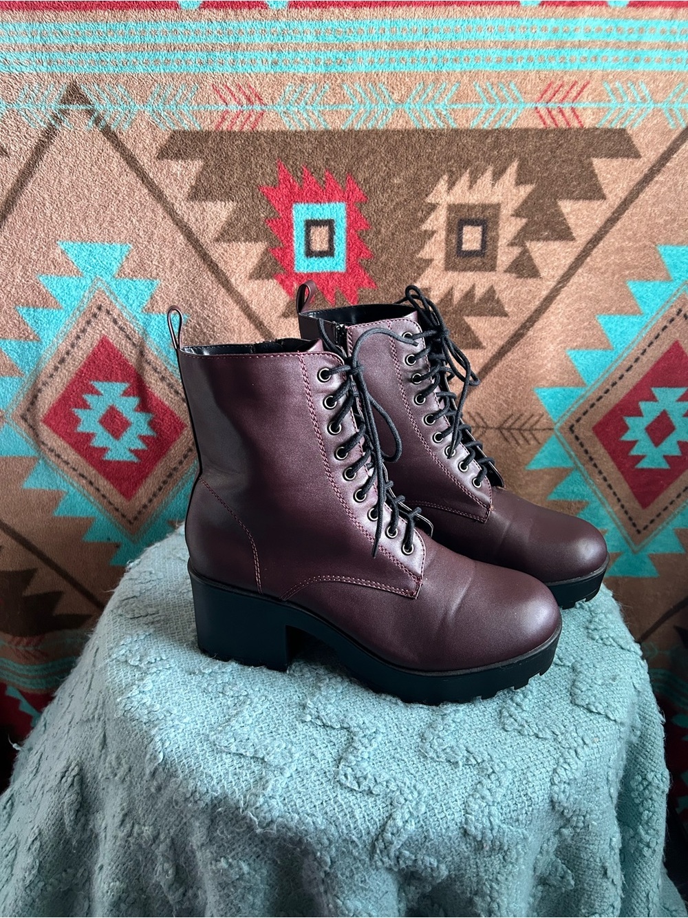 MIA Burgundy Lace-Up Chunky Heel Ankle Boots